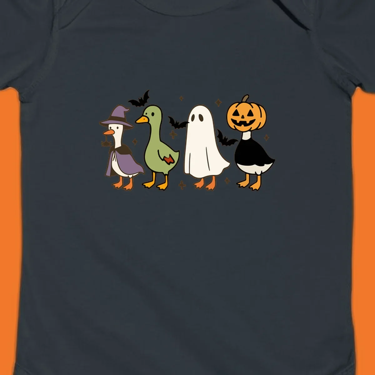 Illustration of four cute animals in Halloween costumes: a witch goose, a duckling, a ghost, and a pumpkin goose.
