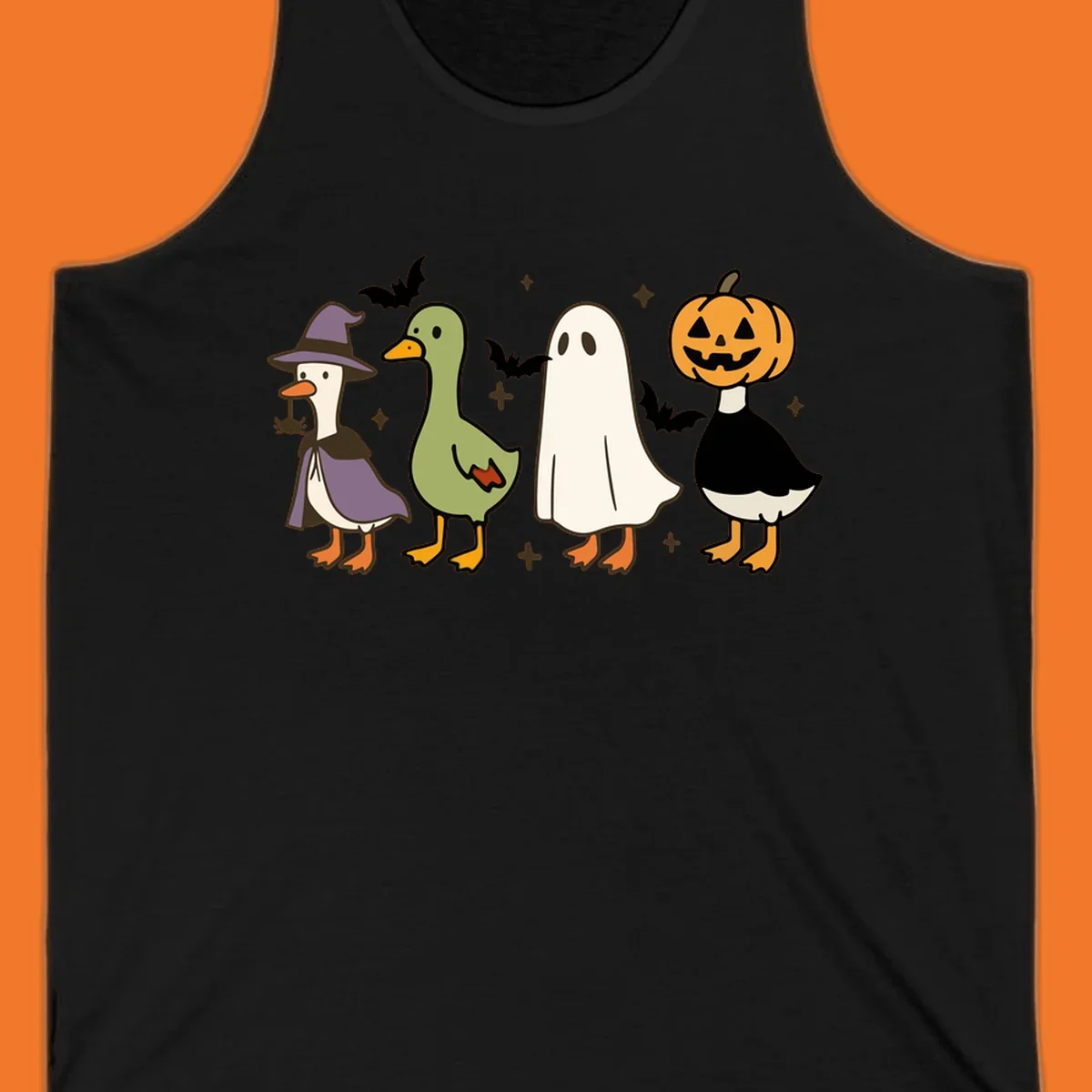Illustration of four cute animals in Halloween costumes: a witch goose, a duckling, a ghost, and a pumpkin goose.