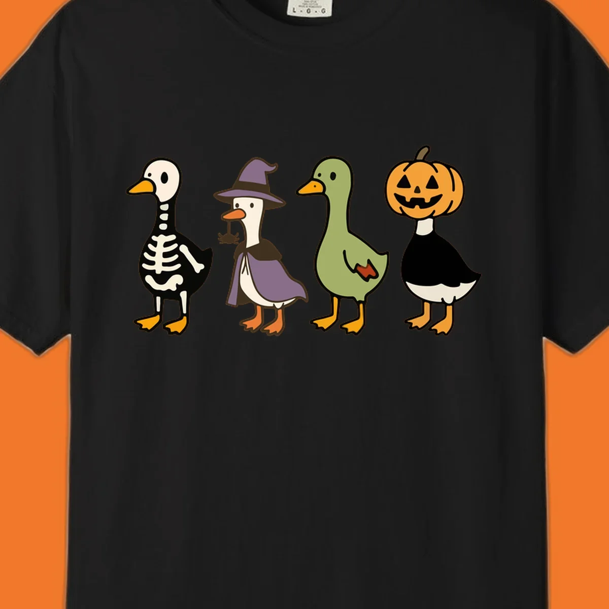 Four ducks in Halloween costumes: skeleton, witch, plain, and jack-o-lantern. Funny Halloween duck costumes.