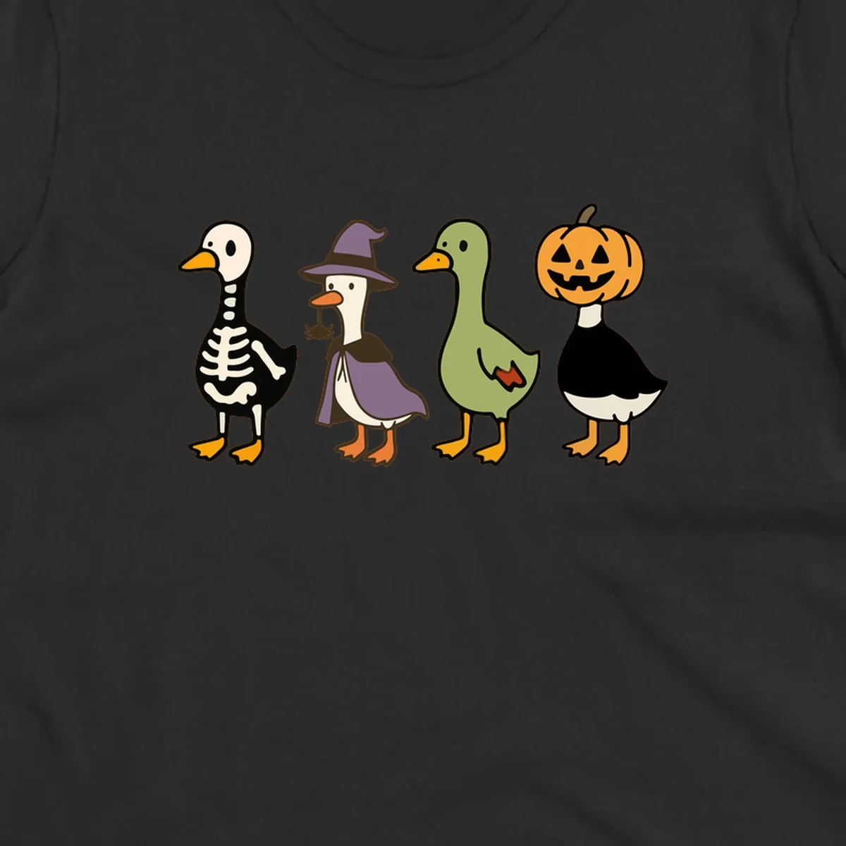 Four ducks in Halloween costumes: skeleton, witch, plain, and jack-o-lantern. Funny Halloween duck costumes.