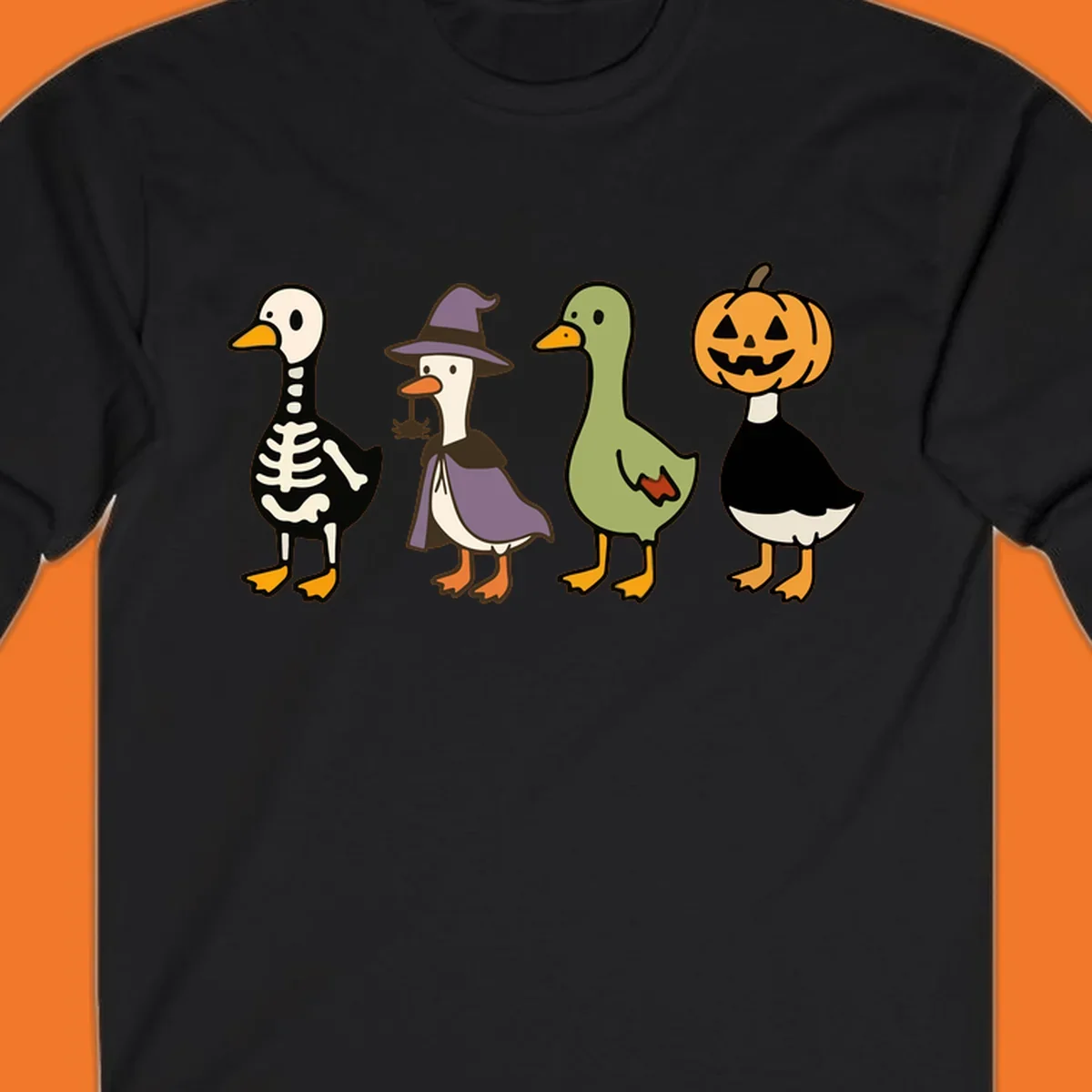 Four ducks in Halloween costumes: skeleton, witch, plain, and jack-o-lantern. Funny Halloween duck costumes.