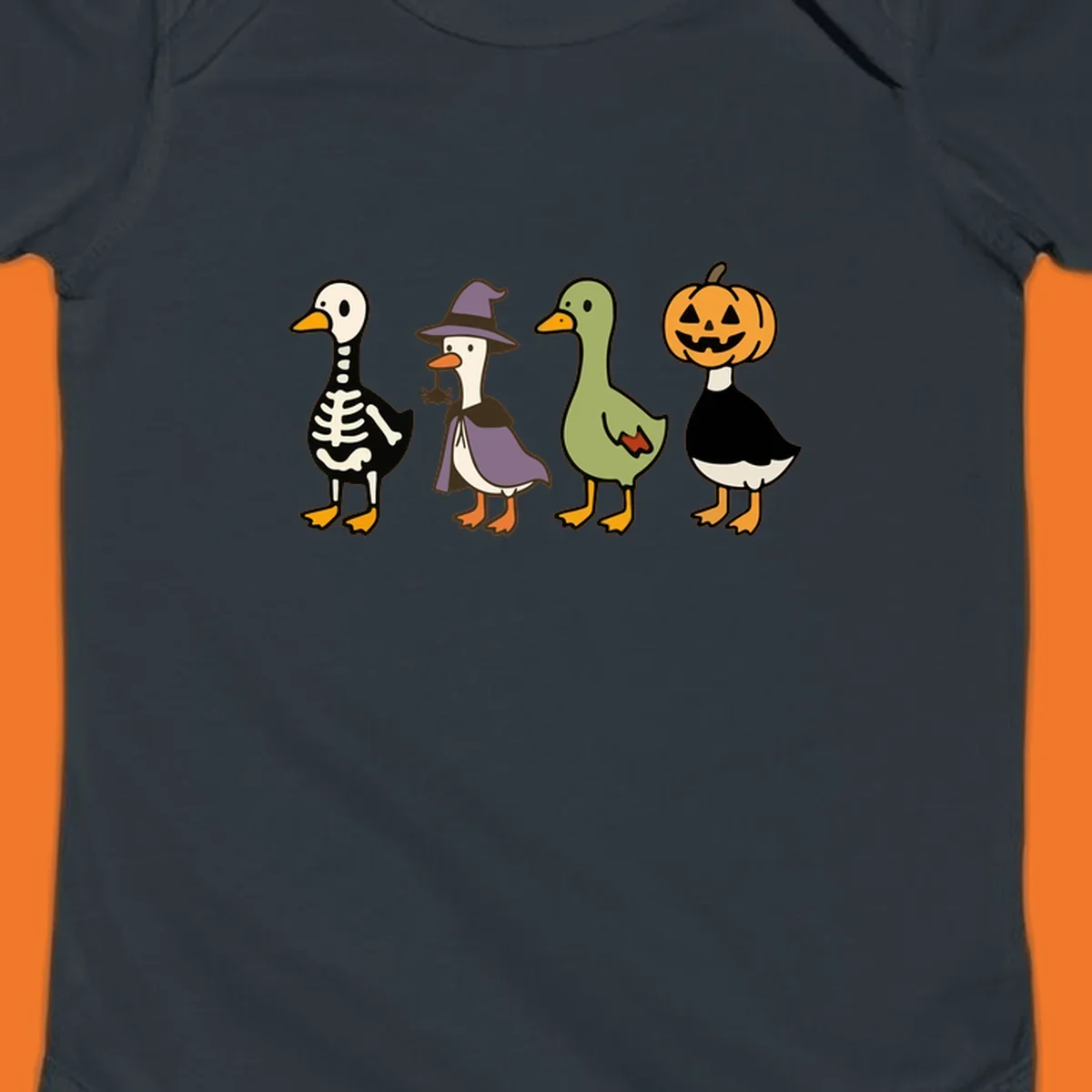 Four ducks in Halloween costumes: skeleton, witch, plain, and jack-o-lantern. Funny Halloween duck costumes.