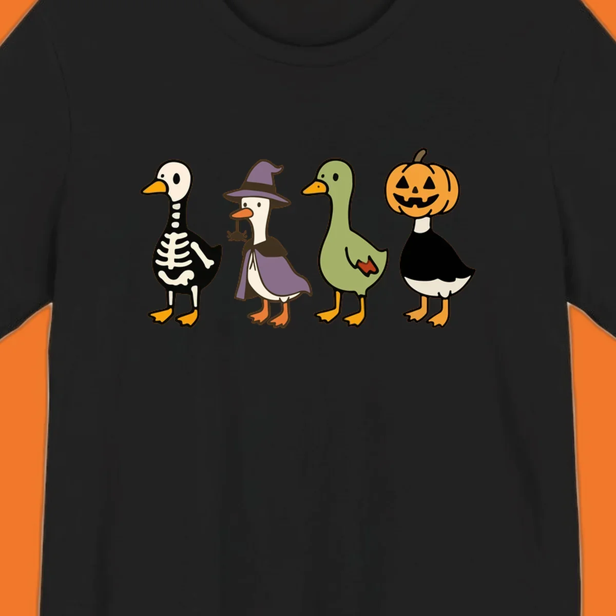 Four ducks in Halloween costumes: skeleton, witch, plain, and jack-o-lantern. Funny Halloween duck costumes.