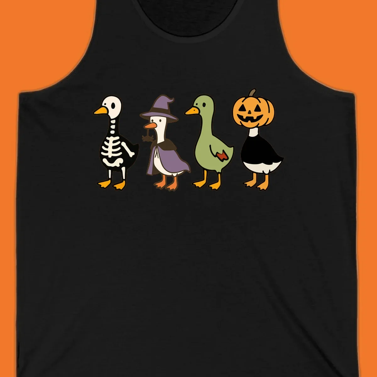 Four ducks in Halloween costumes: skeleton, witch, plain, and jack-o-lantern. Funny Halloween duck costumes.