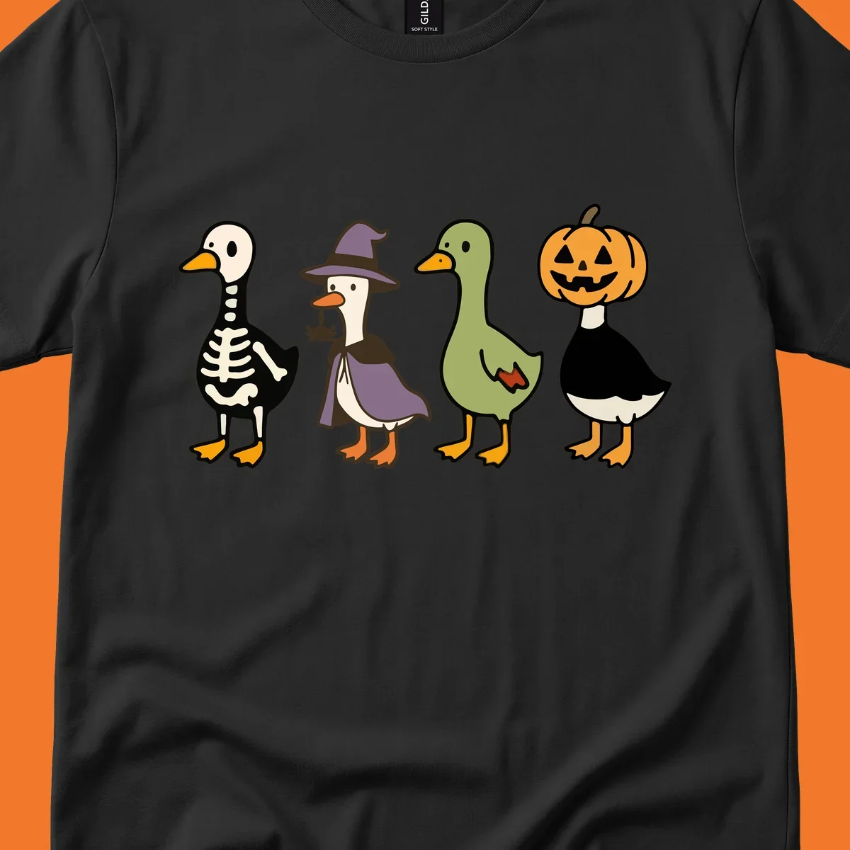 Four ducks in Halloween costumes: skeleton, witch, plain, and jack-o-lantern. Funny Halloween duck costumes.