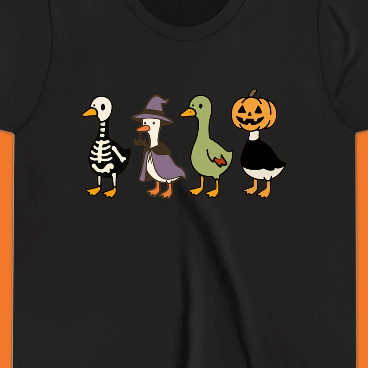 Four ducks in Halloween costumes: skeleton, witch, plain, and jack-o-lantern. Funny Halloween duck costumes.