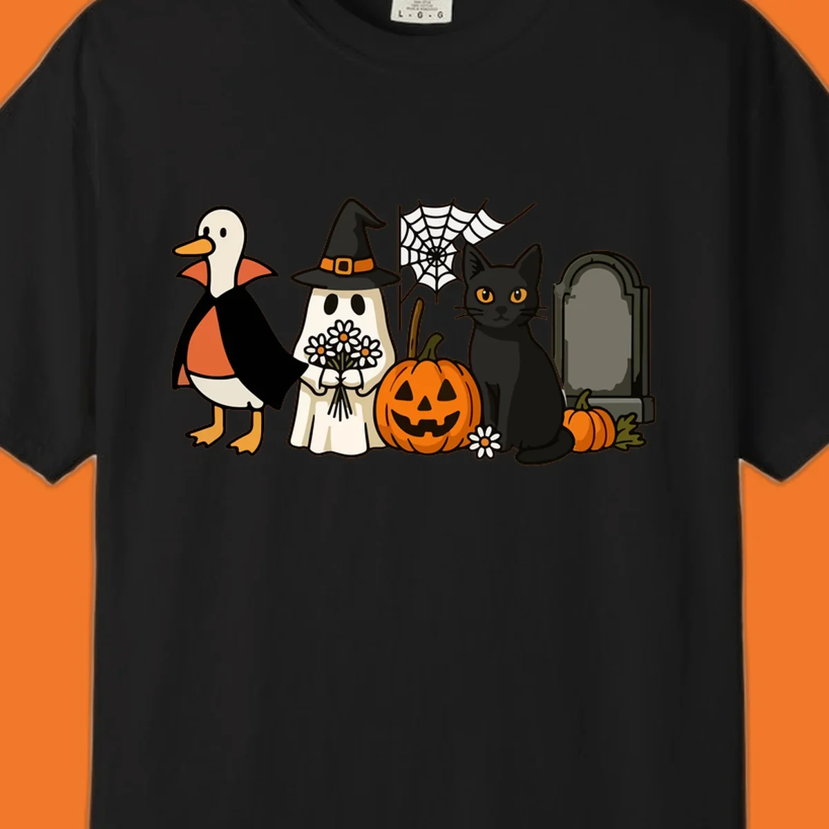 Halloween spooky friends gathering illustration with a duck, ghost, cat, and pumpkin.