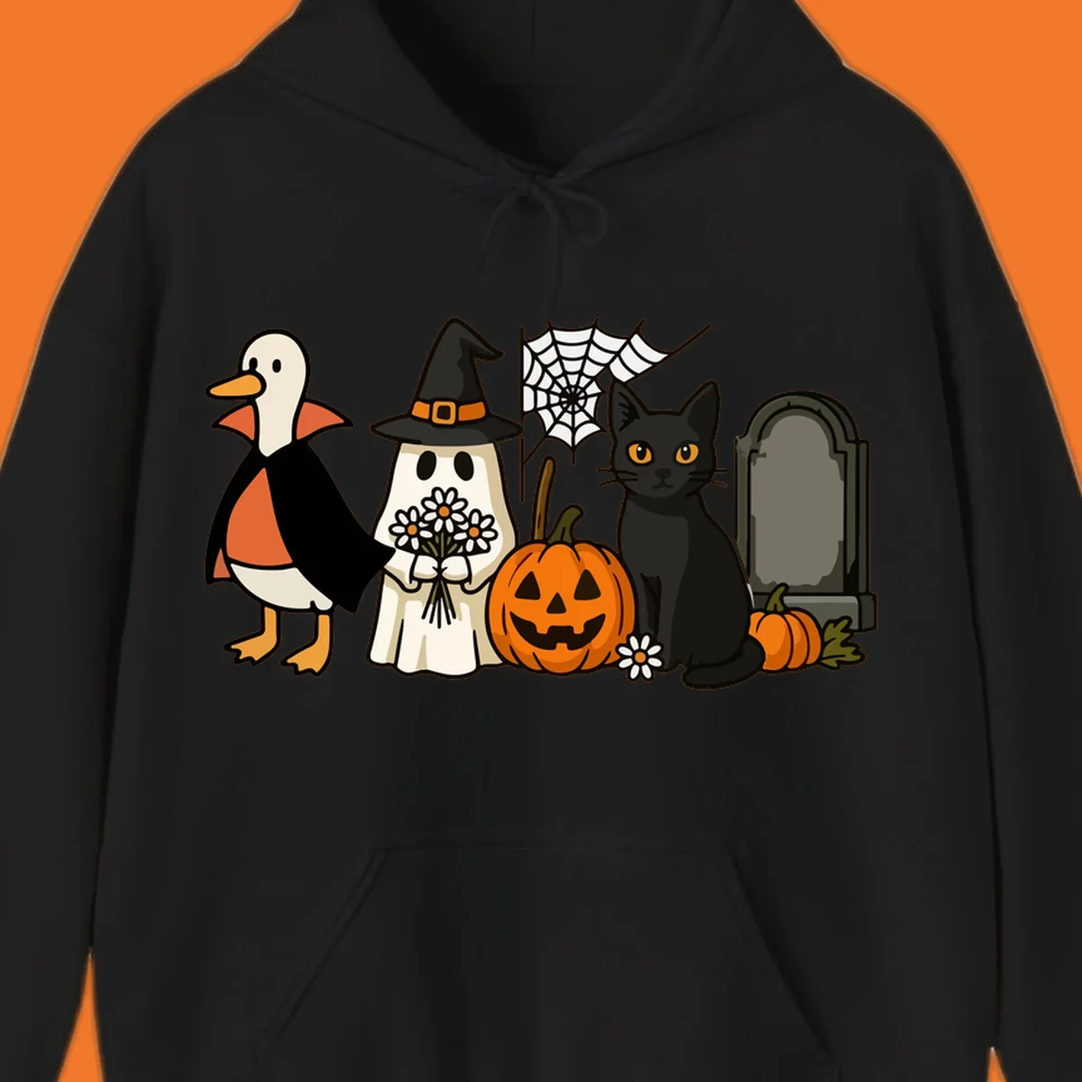 Halloween spooky friends gathering illustration with a duck, ghost, cat, and pumpkin.