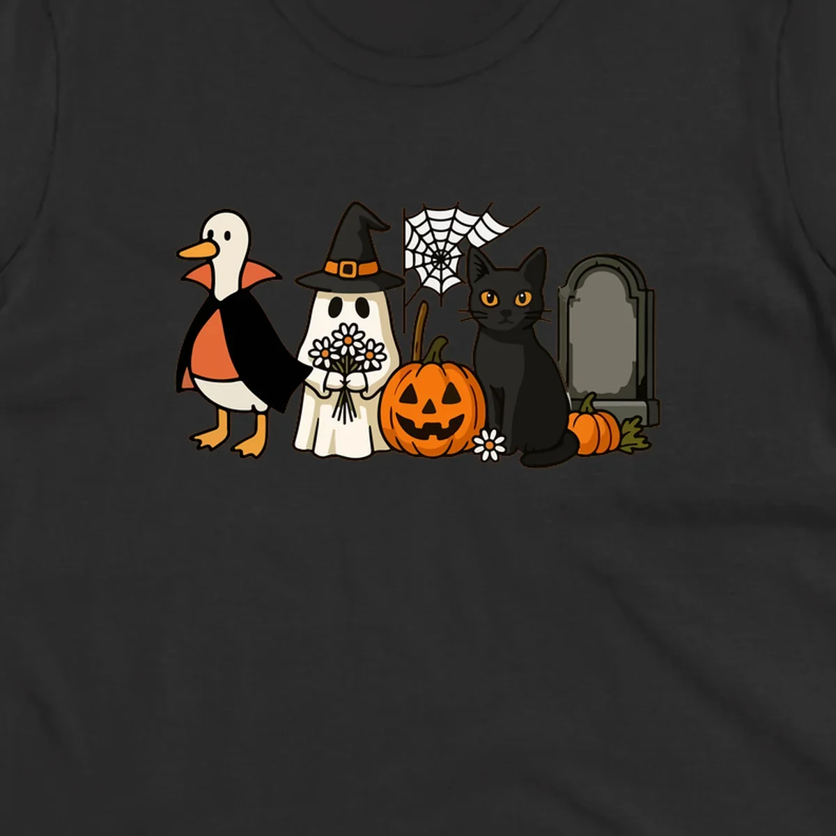 Halloween spooky friends gathering illustration with a duck, ghost, cat, and pumpkin.