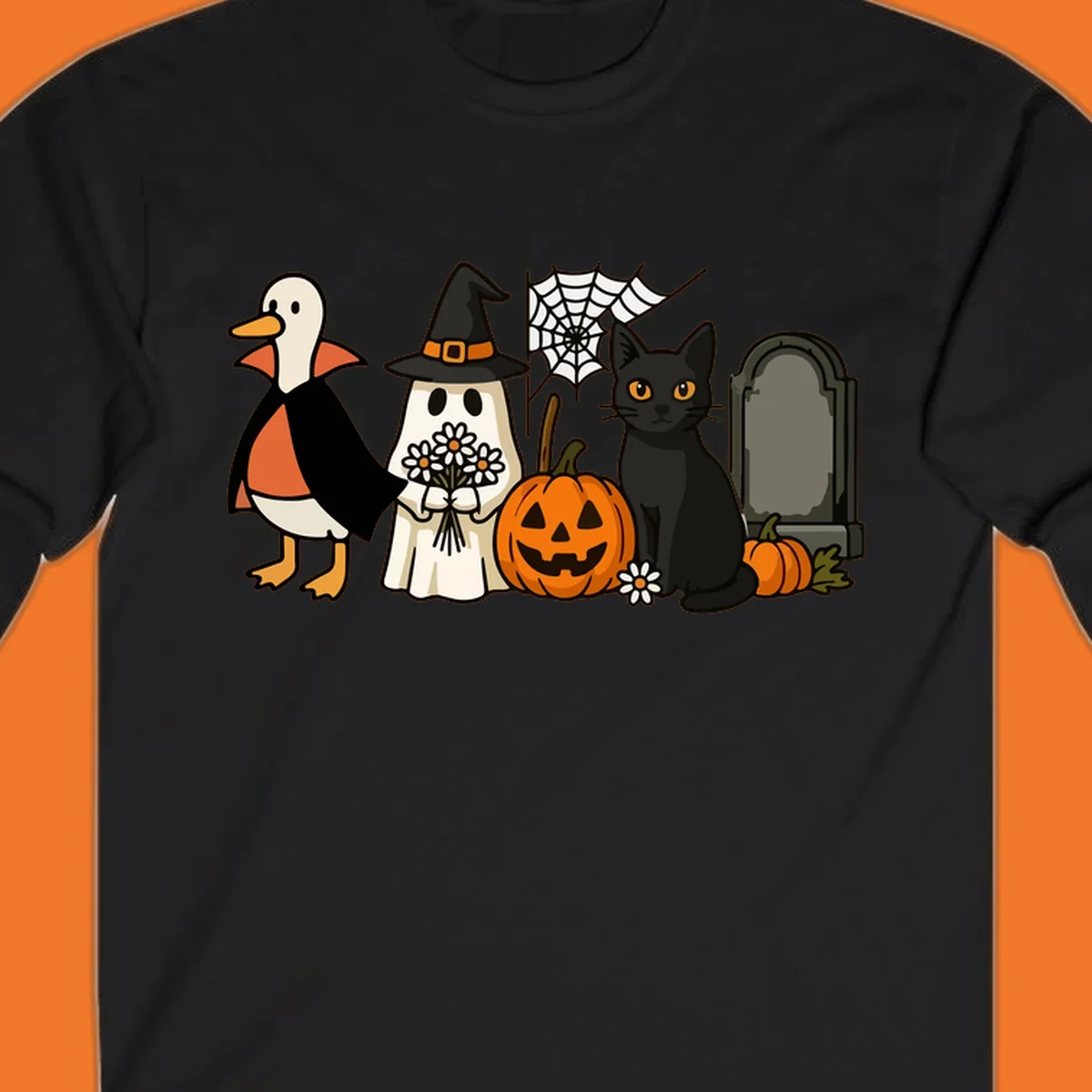 Halloween spooky friends gathering illustration with a duck, ghost, cat, and pumpkin.