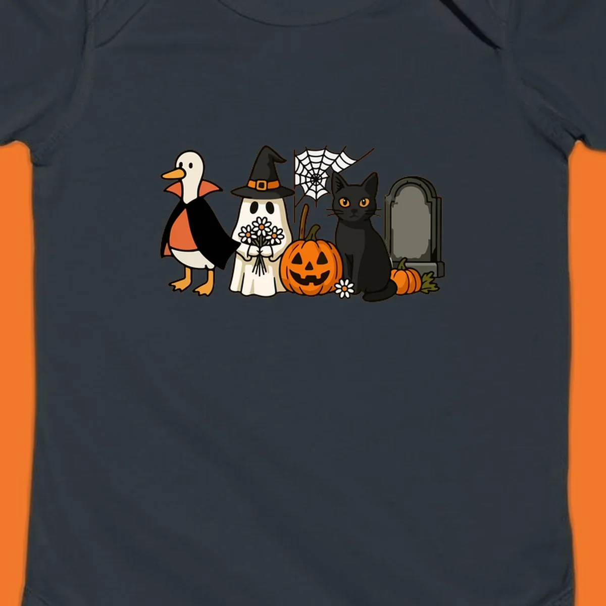 Halloween spooky friends gathering illustration with a duck, ghost, cat, and pumpkin.