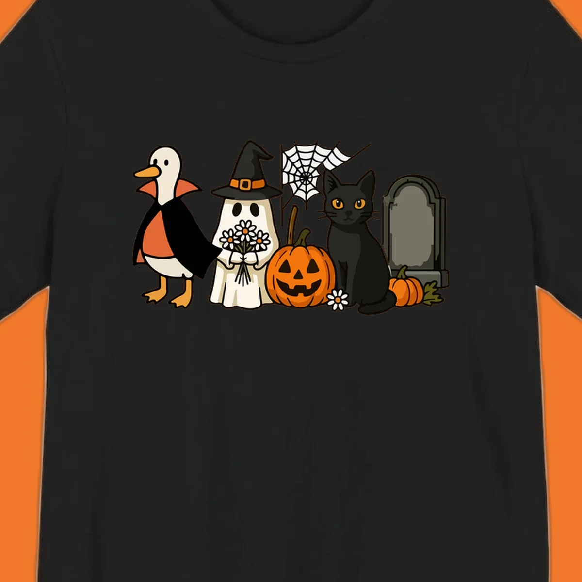 Halloween spooky friends gathering illustration with a duck, ghost, cat, and pumpkin.
