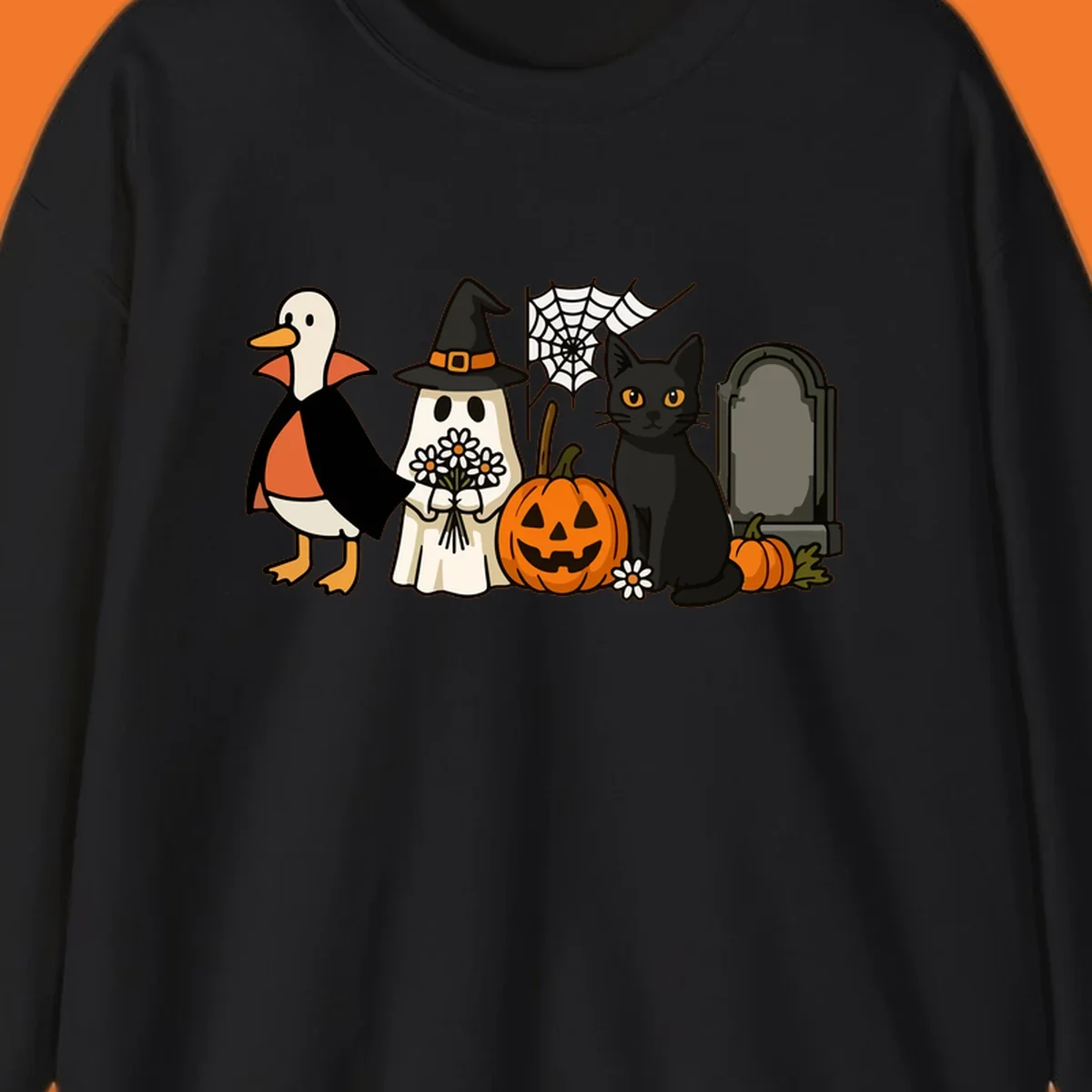 Halloween spooky friends gathering illustration with a duck, ghost, cat, and pumpkin.
