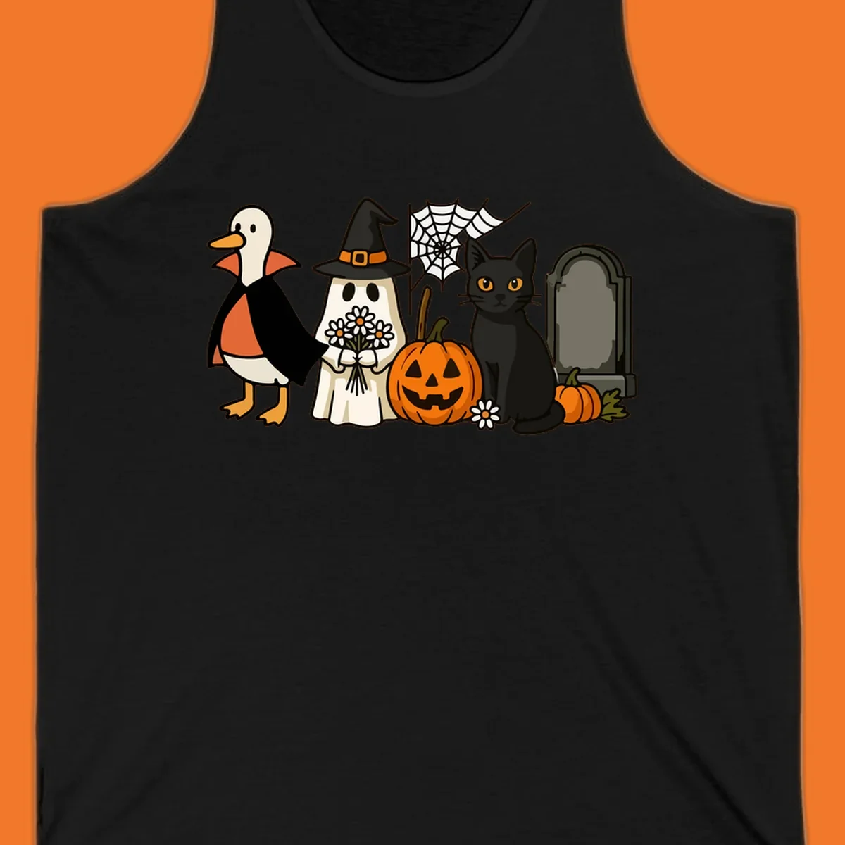 Halloween spooky friends gathering illustration with a duck, ghost, cat, and pumpkin.
