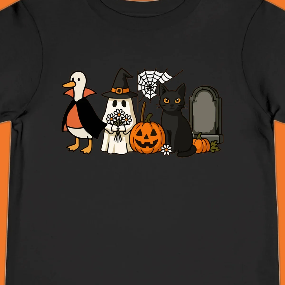 Halloween spooky friends gathering illustration with a duck, ghost, cat, and pumpkin.