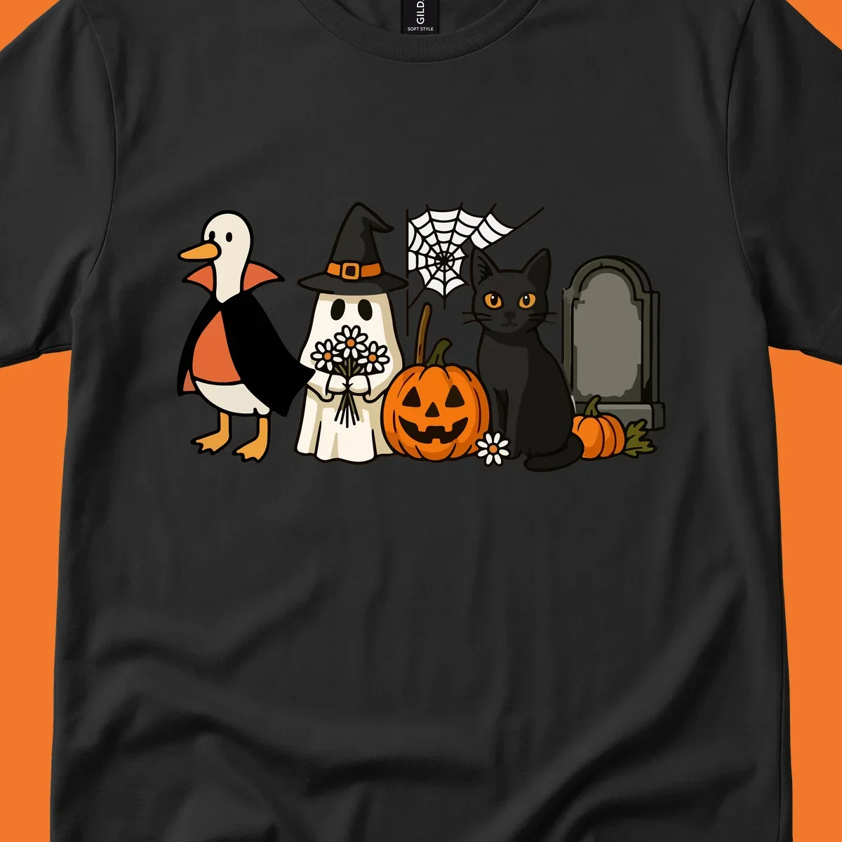Halloween spooky friends gathering illustration with a duck, ghost, cat, and pumpkin.