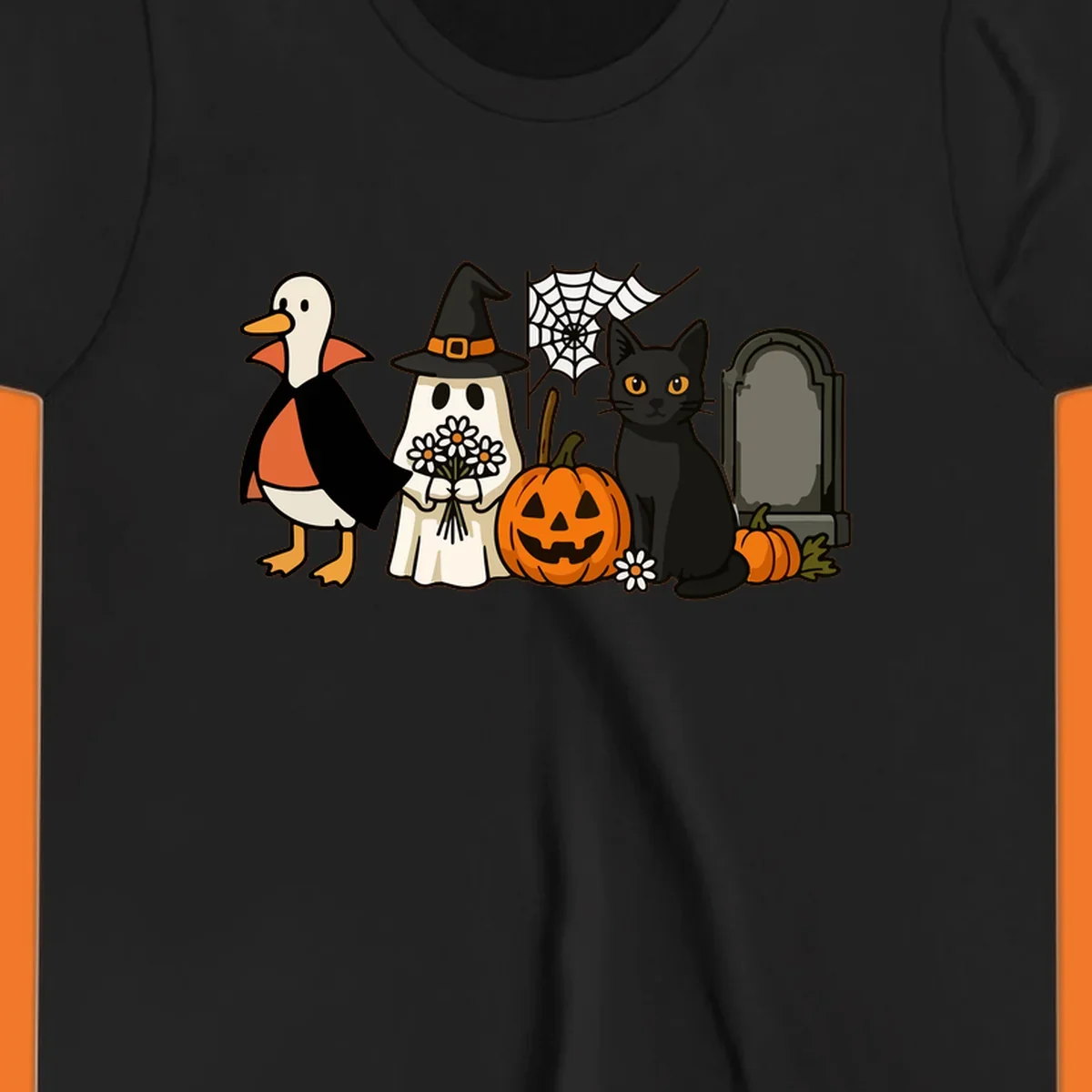 Halloween spooky friends gathering illustration with a duck, ghost, cat, and pumpkin.
