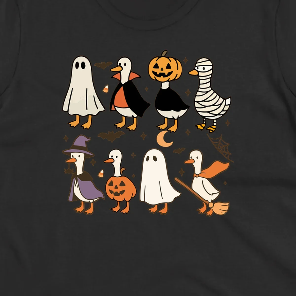Illustration of cute ducks in various Halloween costumes like ghost, vampire, and pumpkin, on a dark background.