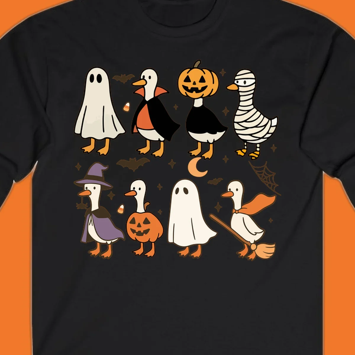 Illustration of cute ducks in various Halloween costumes like ghost, vampire, and pumpkin, on a dark background.