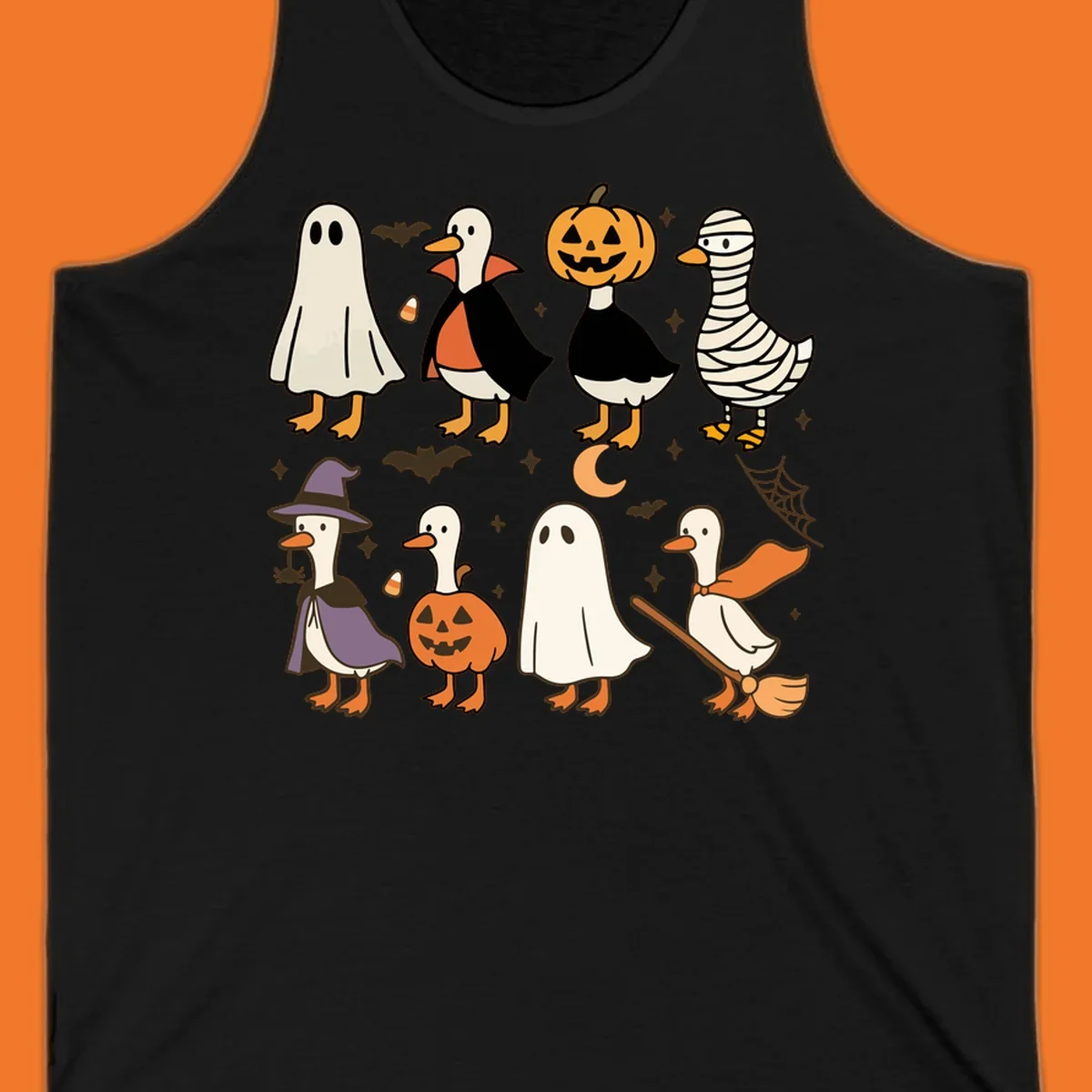 Illustration of cute ducks in various Halloween costumes like ghost, vampire, and pumpkin, on a dark background.