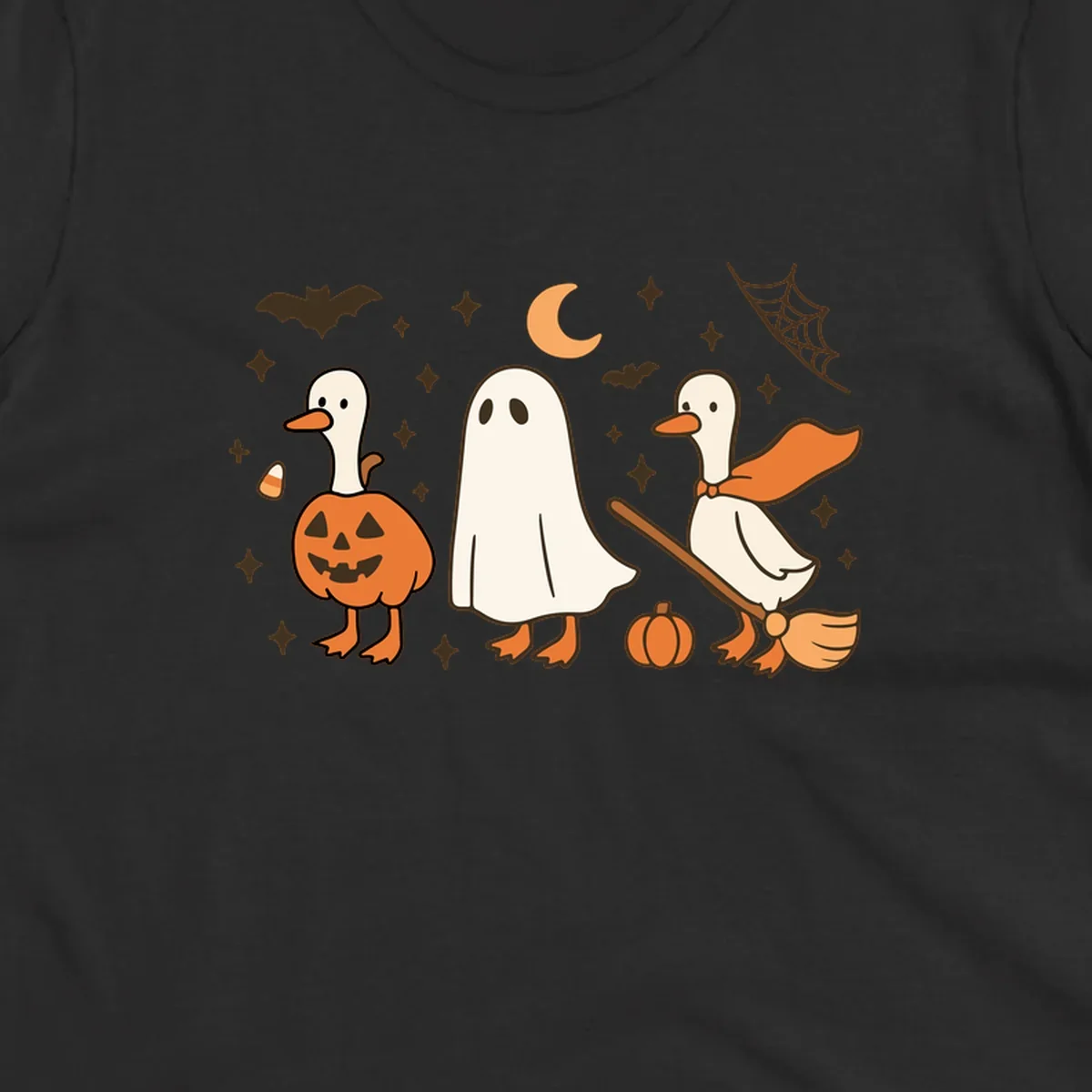 Cute geese in Halloween costumes: pumpkin, ghost, and witch on broom, with bats and stars.