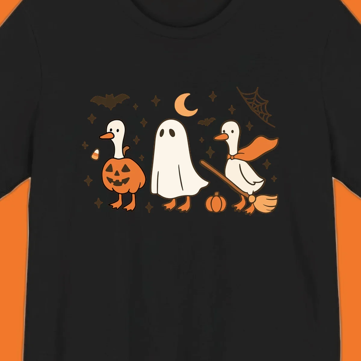Cute geese in Halloween costumes: pumpkin, ghost, and witch on broom, with bats and stars.