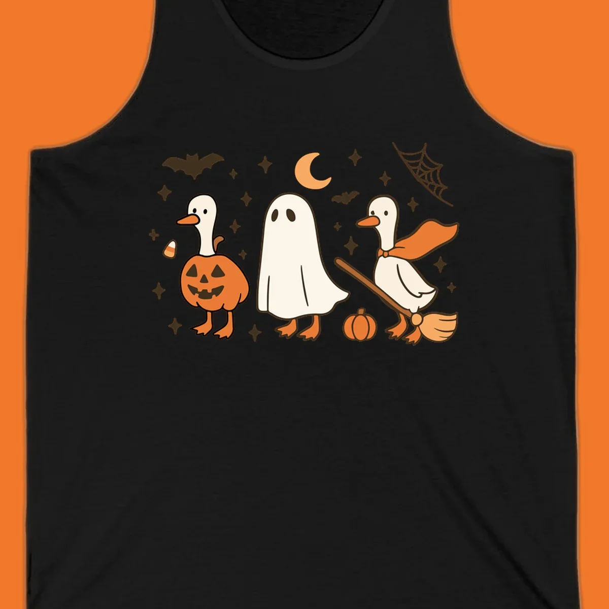 Cute geese in Halloween costumes: pumpkin, ghost, and witch on broom, with bats and stars.