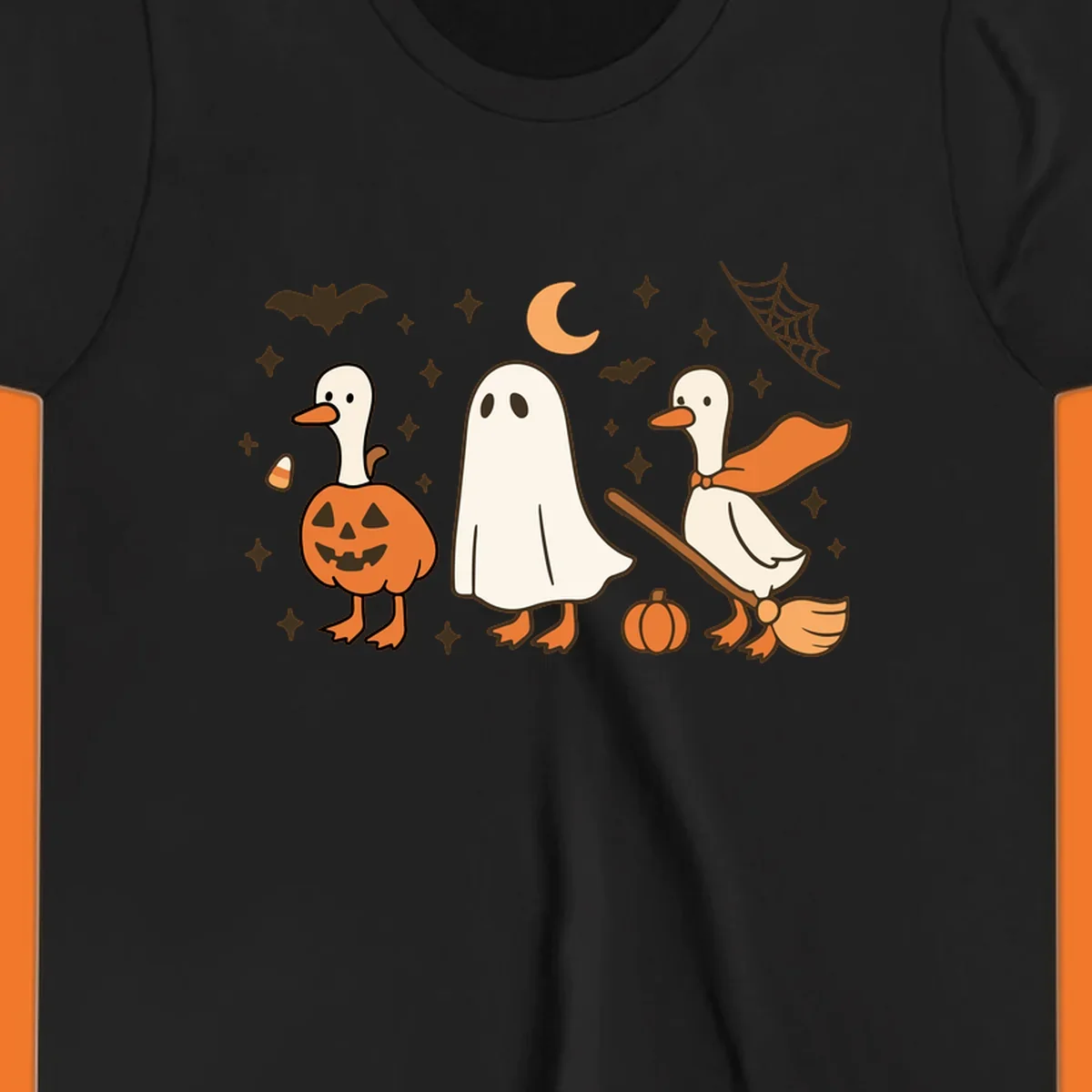 Cute geese in Halloween costumes: pumpkin, ghost, and witch on broom, with bats and stars.