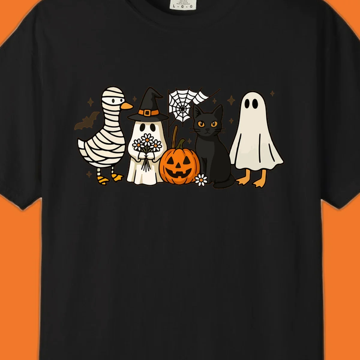 Spooky Halloween friends illustration with mummy goose, ghost, cat, and pumpkin.
