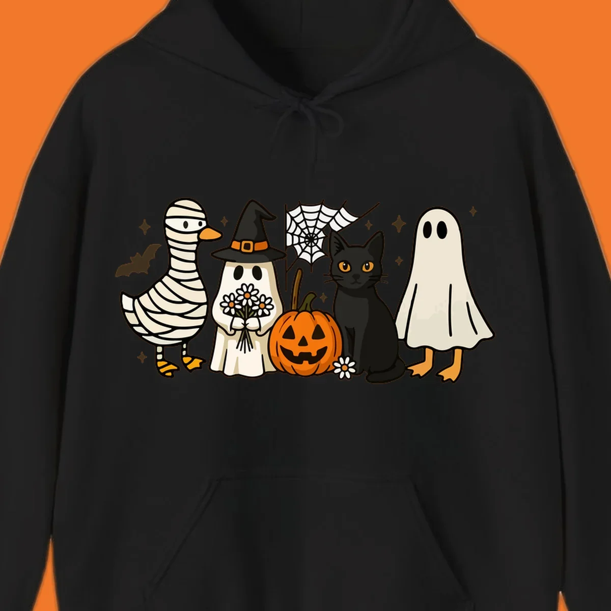 Spooky Halloween friends illustration with mummy goose, ghost, cat, and pumpkin.