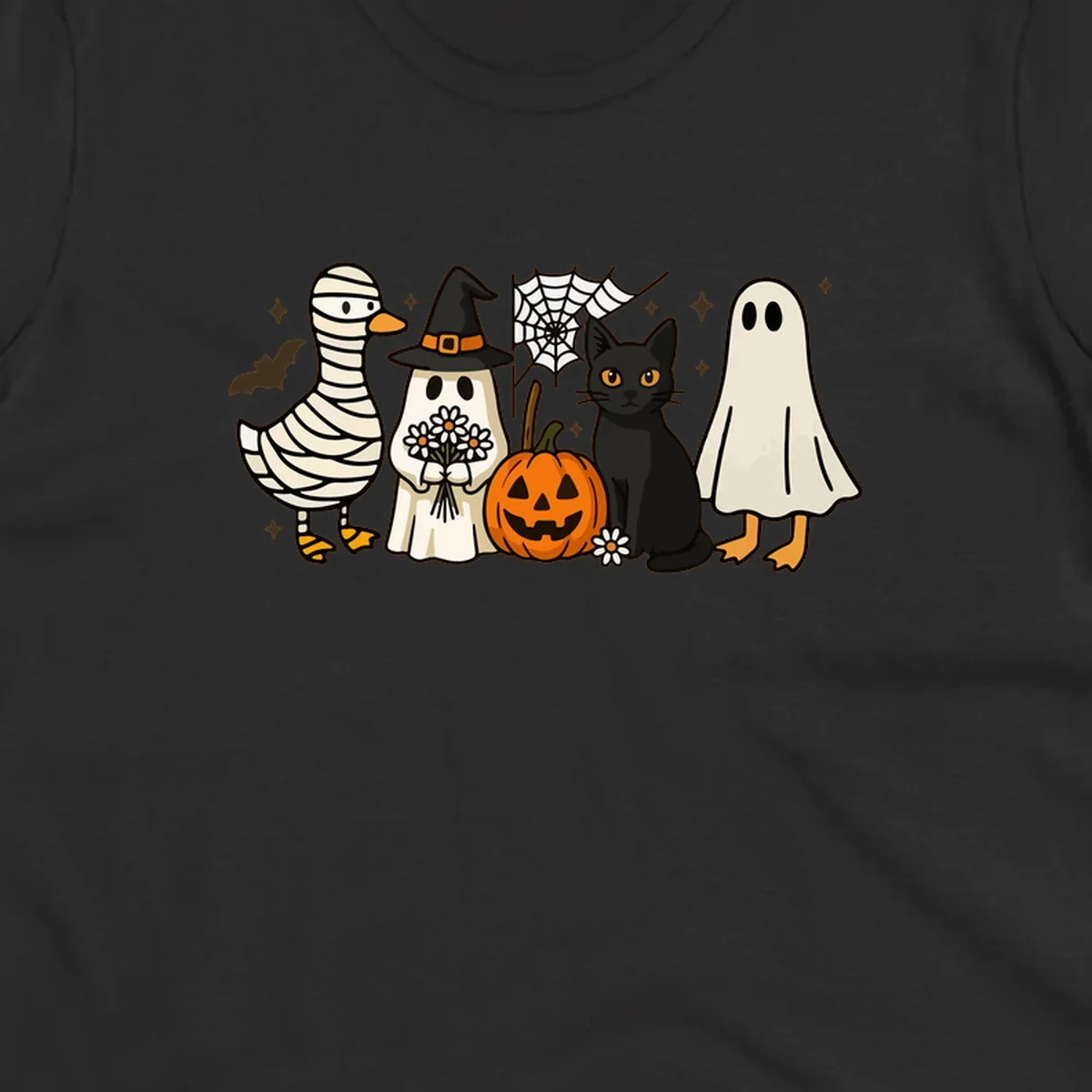 Spooky Halloween friends illustration with mummy goose, ghost, cat, and pumpkin.