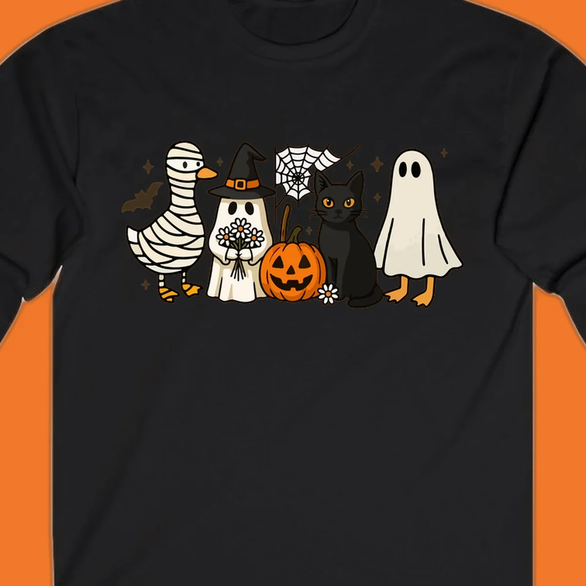 Spooky Halloween friends illustration with mummy goose, ghost, cat, and pumpkin.