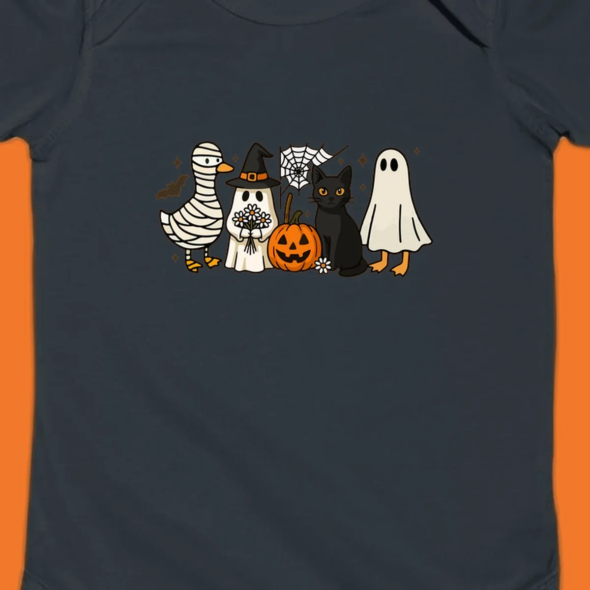 Spooky Halloween friends illustration with mummy goose, ghost, cat, and pumpkin.