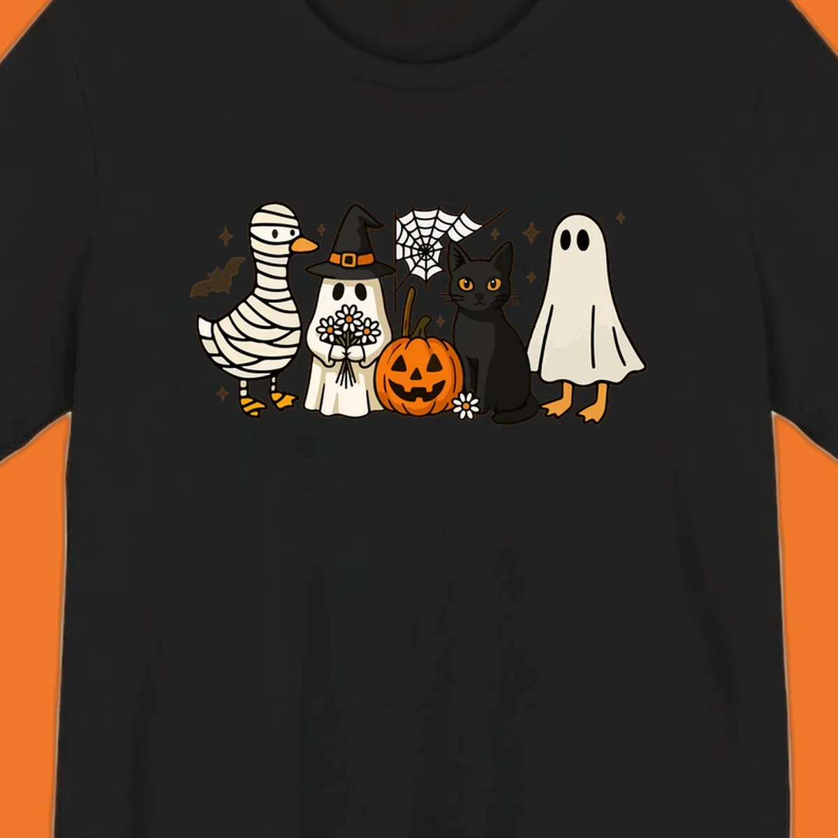 Spooky Halloween friends illustration with mummy goose, ghost, cat, and pumpkin.