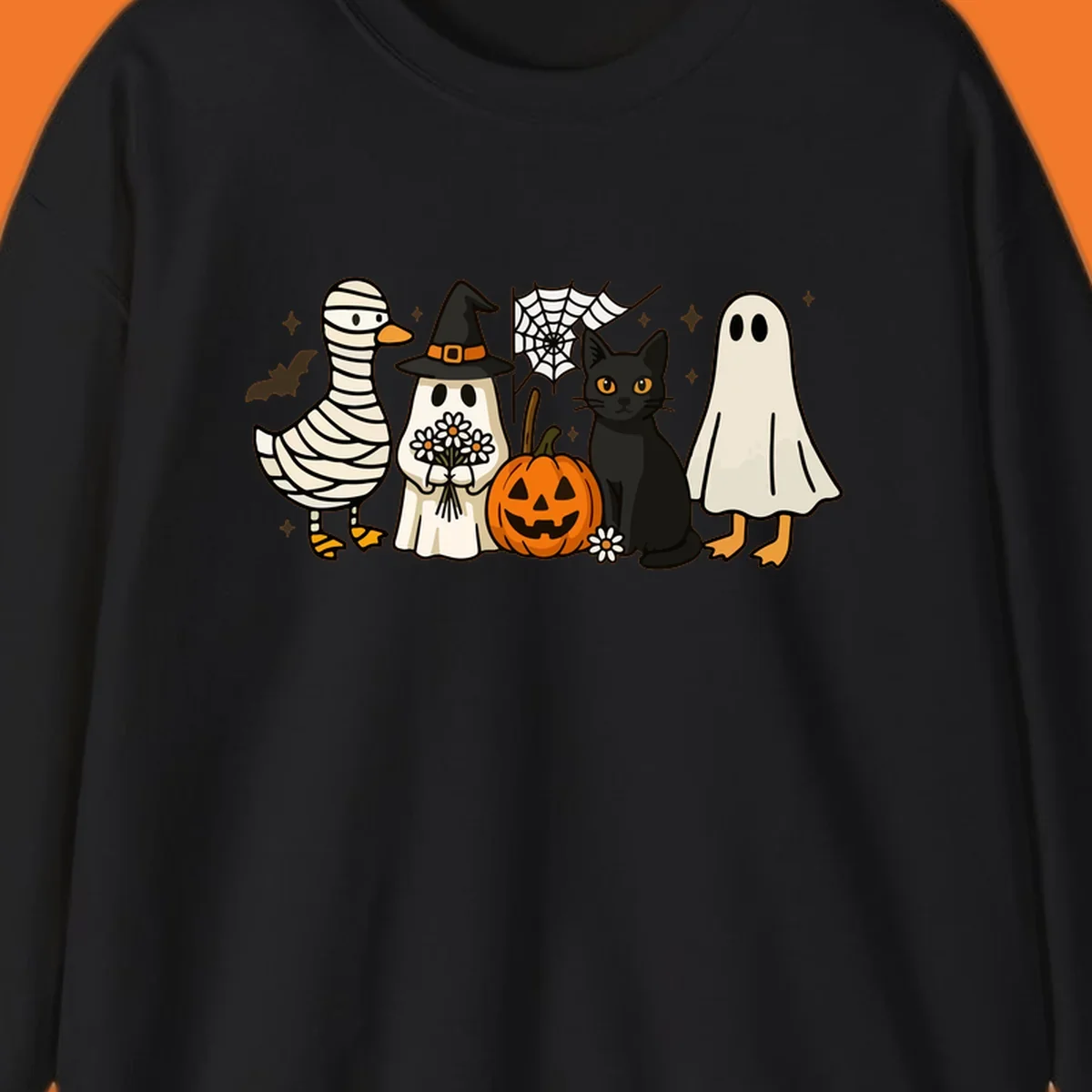Spooky Halloween friends illustration with mummy goose, ghost, cat, and pumpkin.
