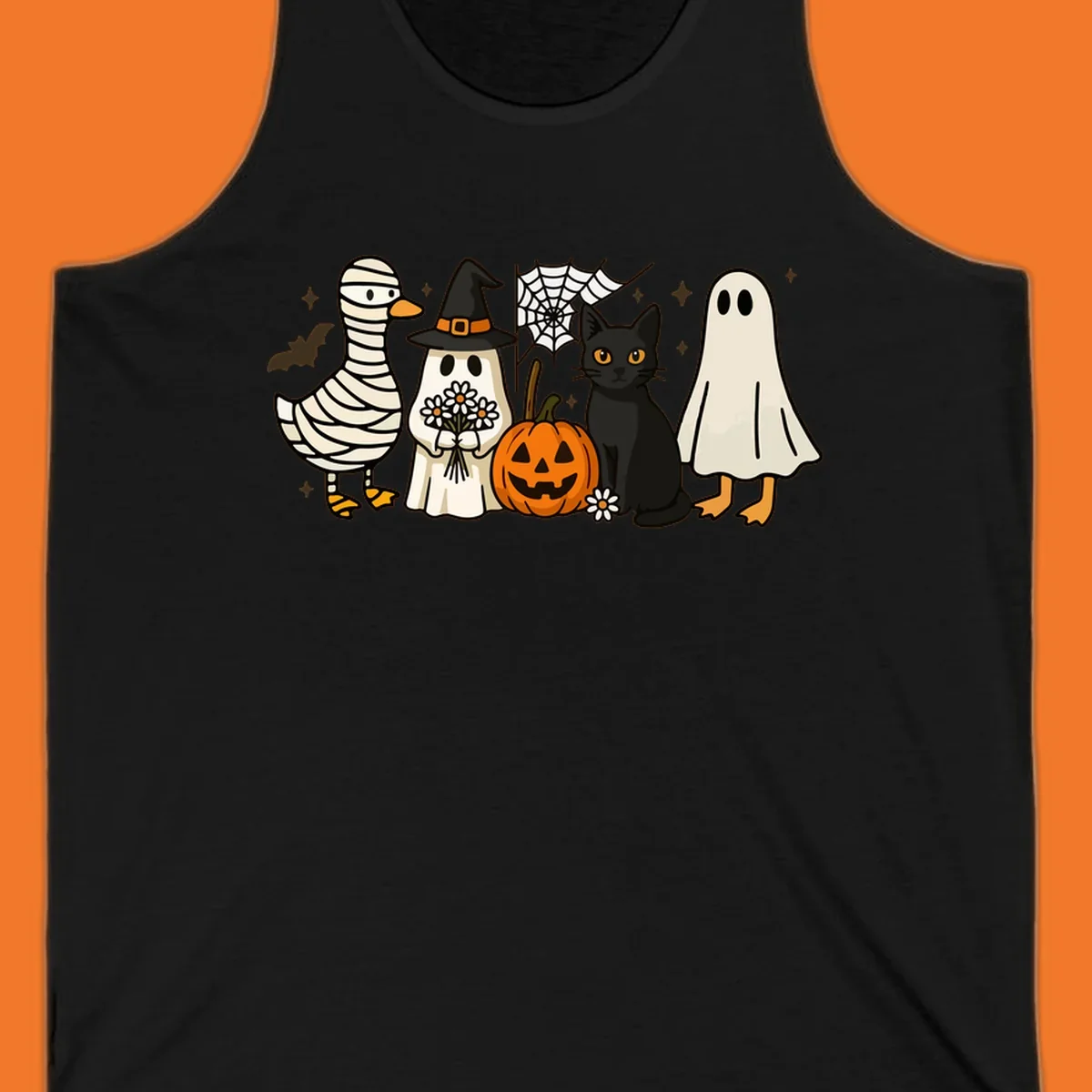 Spooky Halloween friends illustration with mummy goose, ghost, cat, and pumpkin.