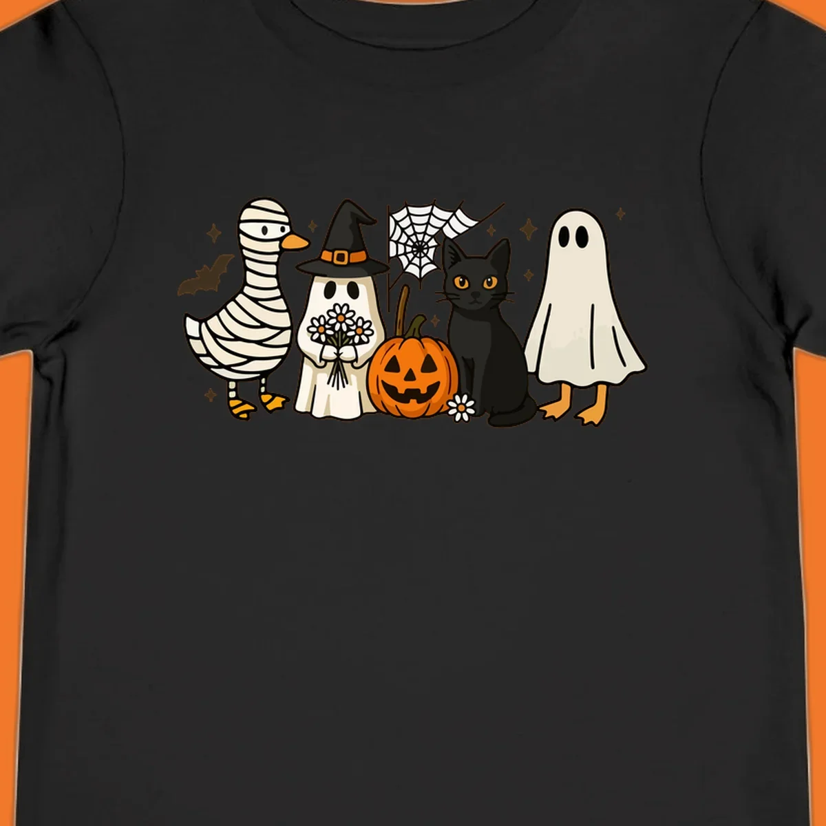 Spooky Halloween friends illustration with mummy goose, ghost, cat, and pumpkin.