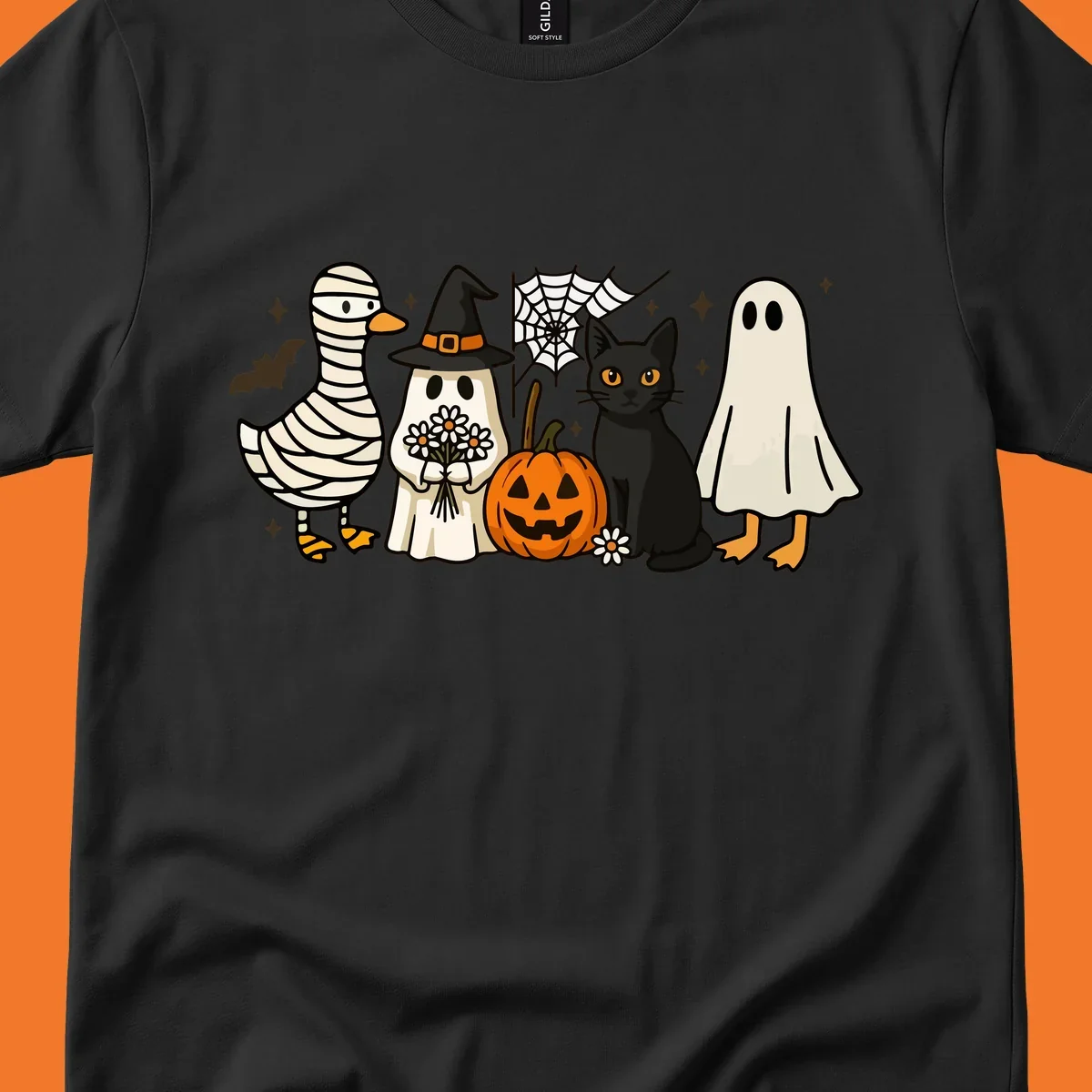Spooky Halloween friends illustration with mummy goose, ghost, cat, and pumpkin.
