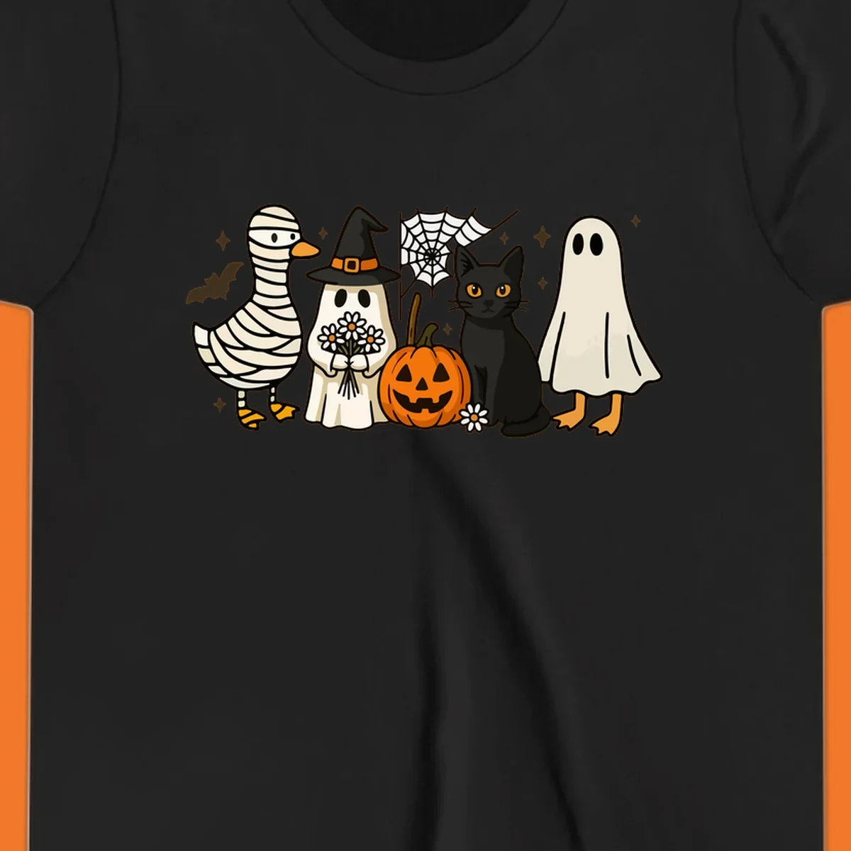 Spooky Halloween friends illustration with mummy goose, ghost, cat, and pumpkin.