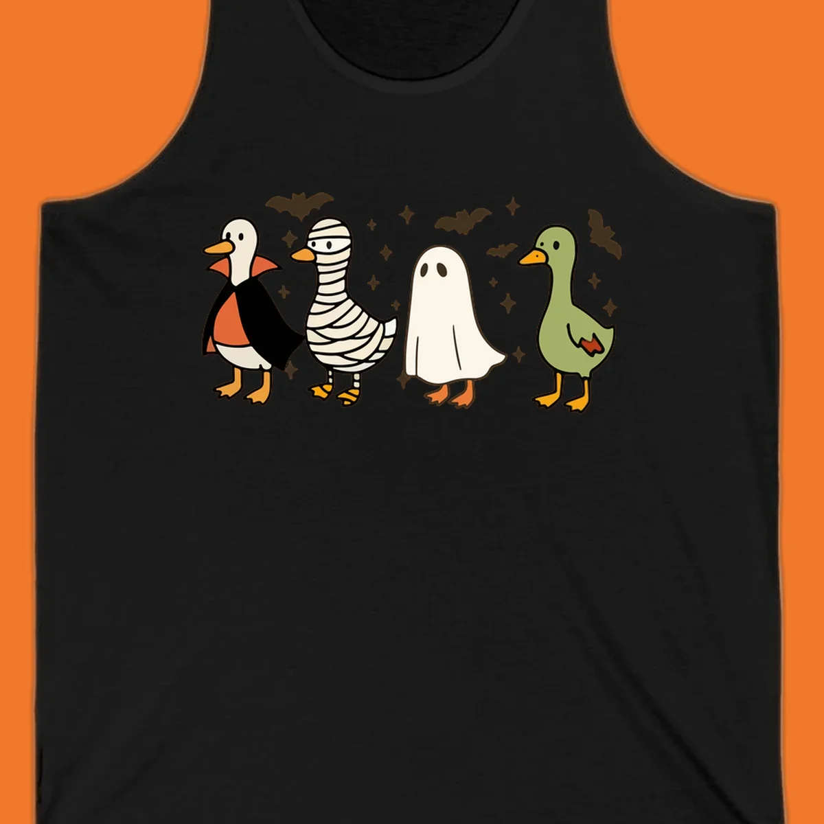 Four cute ducks in Halloween costumes: vampire, mummy, ghost, and plain duck, with bats and stars.