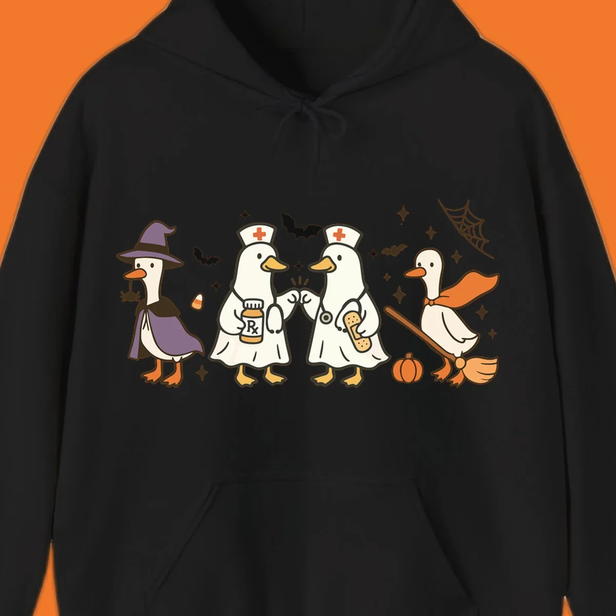 Halloween duck doctors nurses witch and broomstick illustration