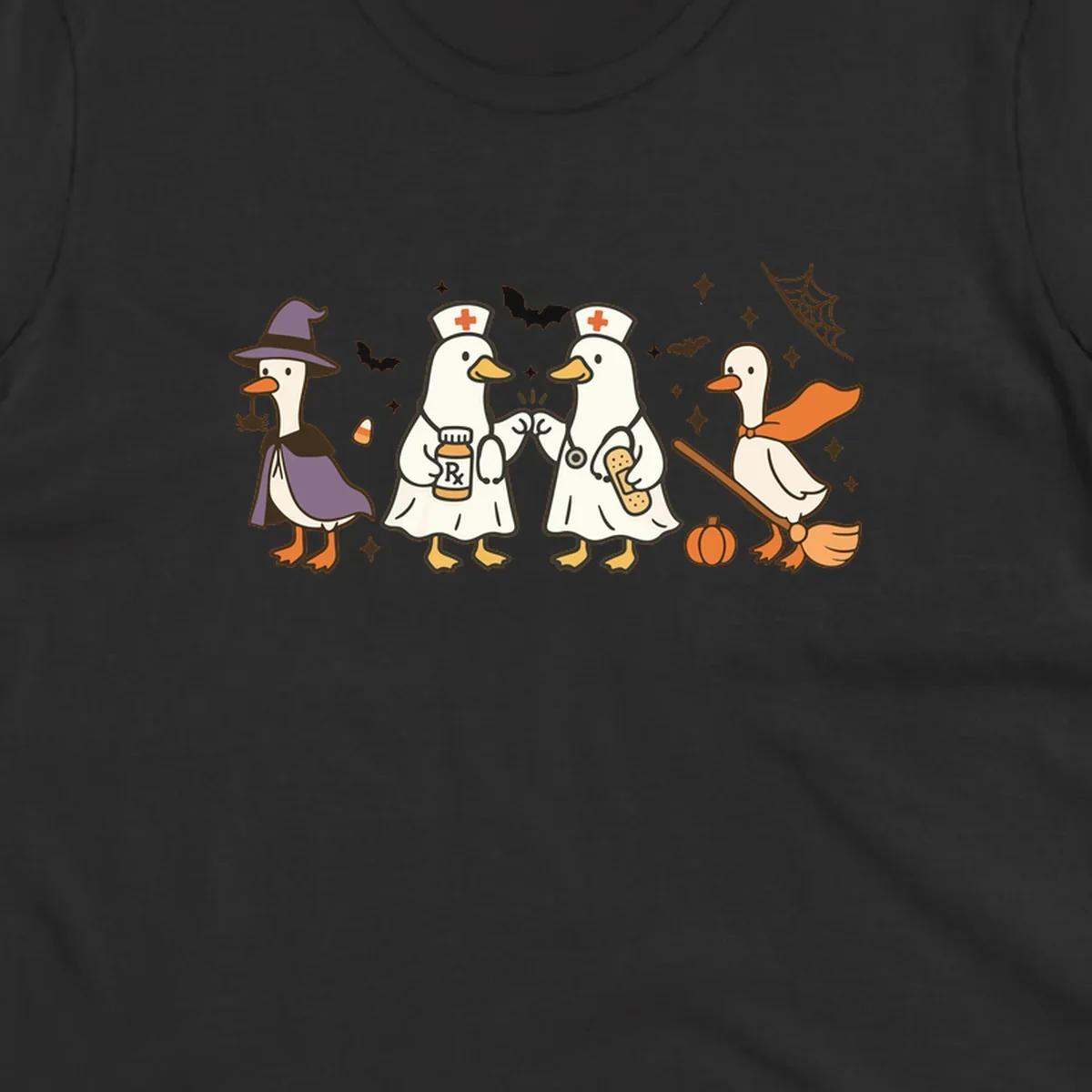 Halloween duck doctors nurses witch and broomstick illustration