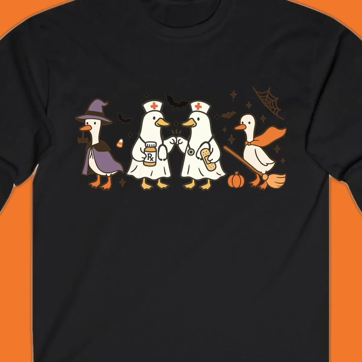 Halloween duck doctors nurses witch and broomstick illustration
