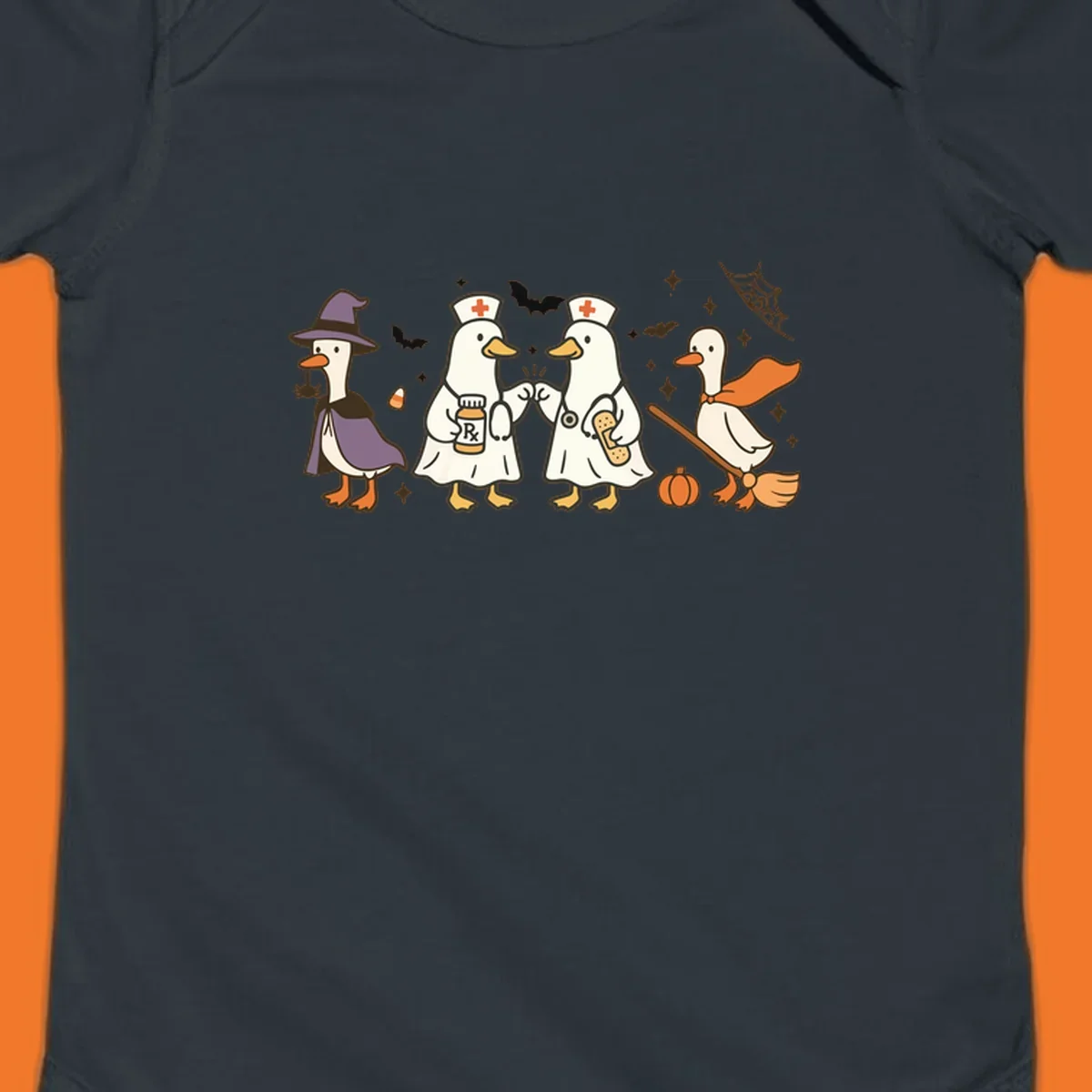 Halloween duck doctors nurses witch and broomstick illustration