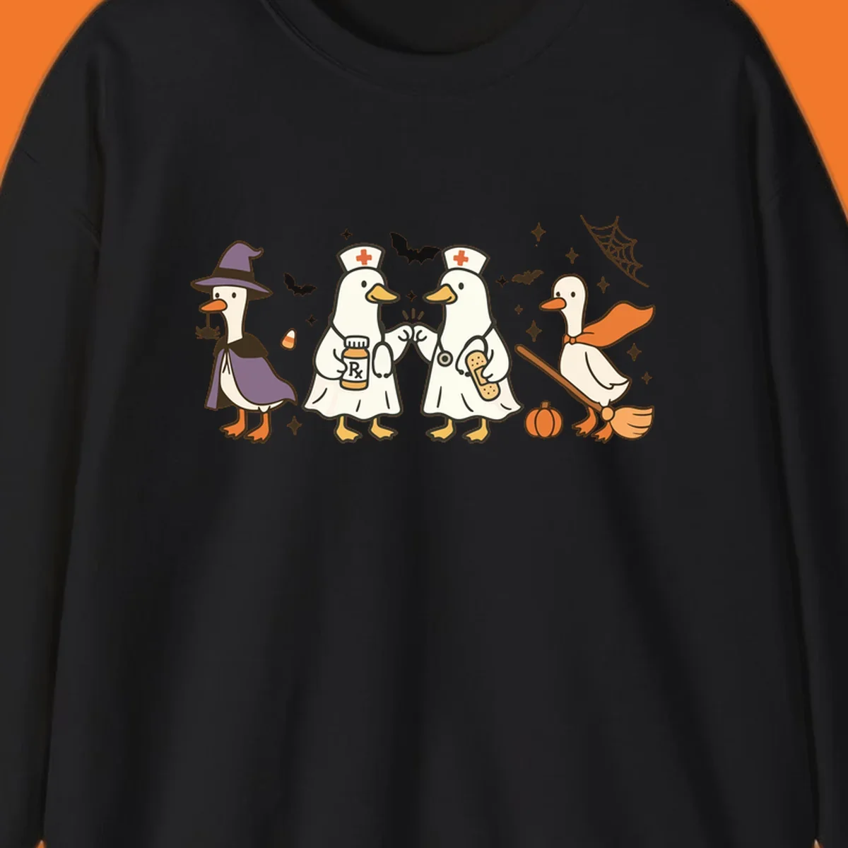 Halloween duck doctors nurses witch and broomstick illustration