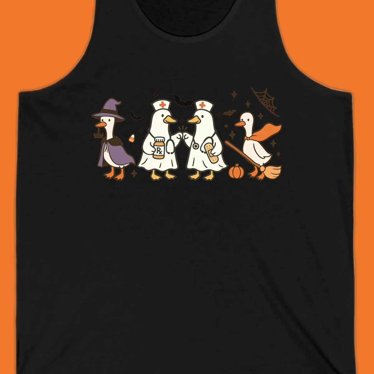 Halloween duck doctors nurses witch and broomstick illustration