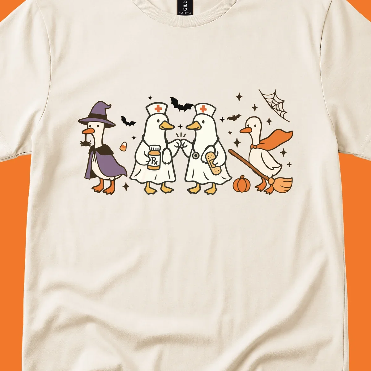 Halloween duck doctors nurses witch and broomstick illustration