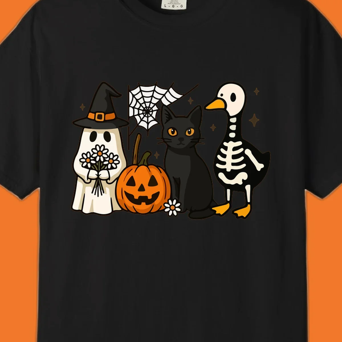 Cute Halloween critters ghost, cat, pumpkin, and skeleton duck illustration.
