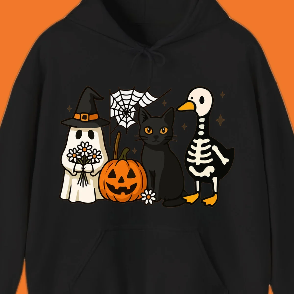 Cute Halloween critters ghost, cat, pumpkin, and skeleton duck illustration.