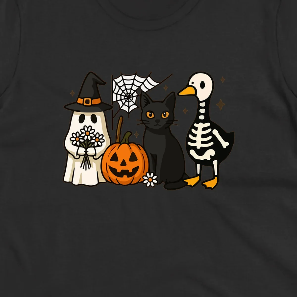 Cute Halloween critters ghost, cat, pumpkin, and skeleton duck illustration.